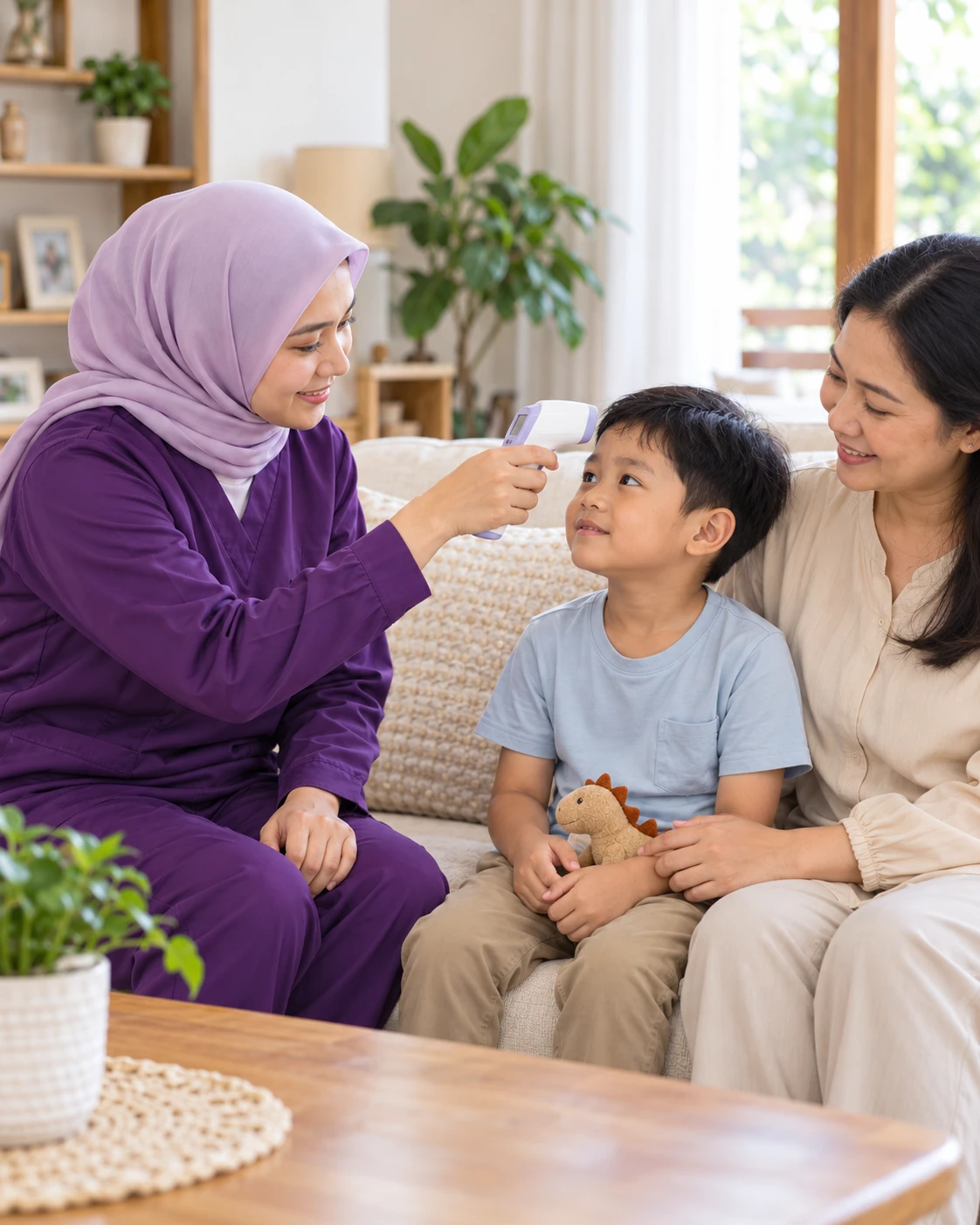 Perawat homecare Cakra Medika memeriksa suhu anak di rumah