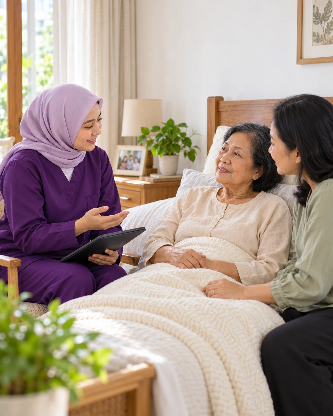 Perawat homecare berdiskusi dengan pasien lansia dan keluarganya